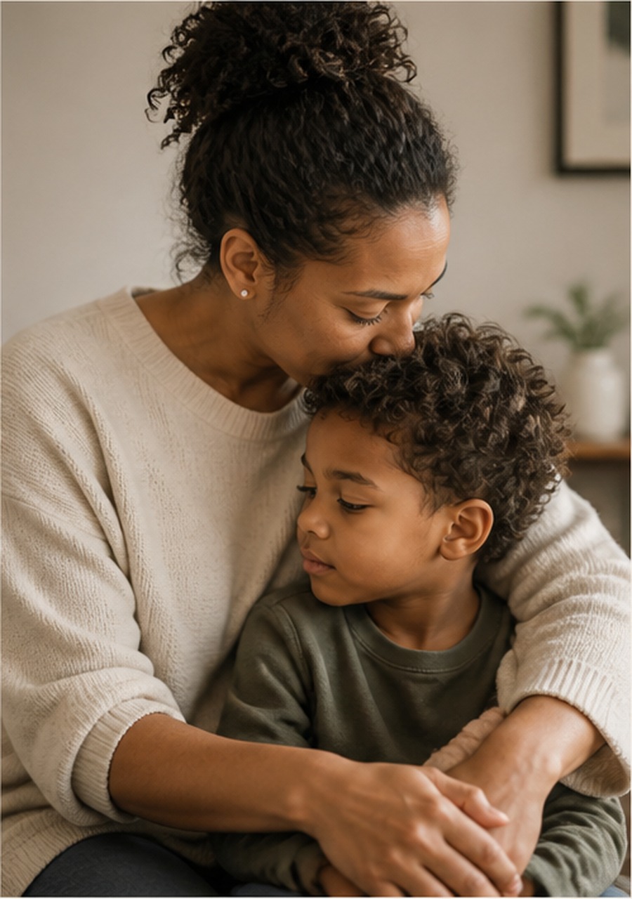 A caregiver holding a child close in a calm, supportive moment